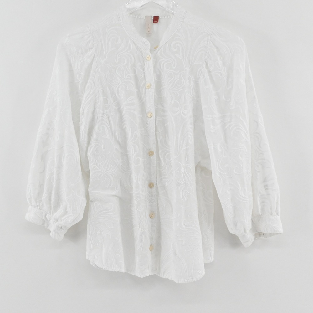 Pilcro Anthropologie Embroidered Blouse Womens Size S White Boho Puff Sleeve Top